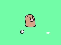 Rule 34 | angry, animal focus, ball, black eyes, commentary, creatures (company), diglett, game freak, gen 1 pokemon, golf ball, green background, head bump, highres, james turner, nintendo, no humans, pokemon, pokemon (creature), signature, solid oval eyes, solo, v-shaped eyebrows