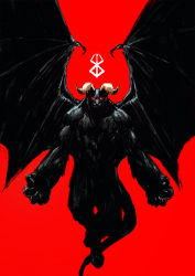 Rule 34 | 1boy, berserk, brand of sacrifice, chun lo, claws, closed mouth, demon, fang, glowing, glowing eyes, highres, horns, male focus, monster, muscular, red background, red eyes, simple background, solo, tail, wings, zodd (berserk)