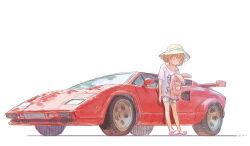 1girl blonde_hair car closed_eyes full_body futaba_anzu hat idolmaster idolmaster_cinderella_girls lamborghini lamborghini_countach long_hair matsuo_yuusuke motor_vehicle red_car shirt shorts simple_background solo sports_car t-shirt white_background