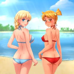 Rule 34 | 2girls, ass, bare shoulders, beach, bikini, blonde hair, blue bikini, blue eyes, blue sky, braid, breasts, butt crack, cloud, commentary, covered erect nipples, cowboy shot, day, dimples of venus, dvach-tan, everlasting summer, from behind, hair ornament, hairclip, hand on own ass, highres, huyase, lake, large breasts, light rays, long hair, looking at viewer, looking back, lowleg, lowleg bikini, medium breasts, multiple girls, orange eyes, orange hair, outdoors, power lines, red bikini, short hair, shoulder blades, single braid, sky, slavya-chan, smile, sunbeam, sunlight, swimsuit, twintails, underboob, water