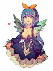 Rule 34 | 1girl, angel wings, aqua wings, black dress, blue hair, bow, detached sleeves, dizzy (guilty gear), dress, feathered wings, guilty gear, guilty gear 2, guilty gear vastedge xt, hair ribbon, high ponytail, long hair, looking at viewer, mini wings, official alternate costume, open mouth, pink eyes, ribbon, wings, yellow bow, yellow ribbon, yohane shimizu