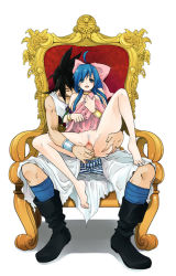 Rule 34 | 1boy, 1girl, ahoge, bad id, bad pixiv id, barefoot, black hair, blue hair, bow, boxers, censored, couple, dragon quest, dragon quest v, feet, flora (dq5), hair bow, hero (dq5), hetero, hidaka ryou, jewelry, male underwear, manly, mosaic censoring, penis, pink bow, sex, spread legs, striped, throne, underwear, vaginal