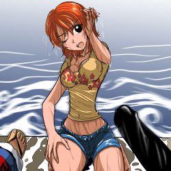 Rule 34 | 1girl, 2boys, angry, black pants, breasts, brook (one piece), cleavage, highres, kneeling, medium breasts, monkey d. luffy, multiple boys, nami (one piece), one eye closed, one piece, orange hair, pants, pov, sabaody archipelago, sandals, shirt, short hair, shorts, solo focus, t-shirt, takaya n, water, wet, wet clothes, wet shirt, wink