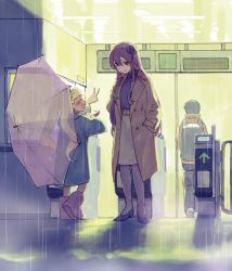 Rule 34 | 1boy, 2girls, age difference, alternate costume, backpack, bag, blush, boots, contemporary, dark skin, facing another, flower, granblue fantasy, hair flower, hair ornament, hands in pockets, height difference, high heels, holding, holding umbrella, io (granblue fantasy), jacket, light, long hair, long sleeves, looking at another, multiple girls, open clothes, open jacket, open mouth, purple flower, purple rose, rain, raincoat, rose, rosetta (granblue fantasy), takishima asaka, transparent umbrella, umbrella, v