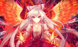 Rule 34 | 1girl, absurdres, bow, collared shirt, commentary request, cowboy shot, feathered wings, fiery wings, fire, fujiwara no mokou, grin, hair bow, highres, long hair, looking at viewer, mirimo, pants, pyrokinesis, red bow, red eyes, red pants, shirt, smile, solo, suspenders, torn clothes, torn sleeves, touhou, two-tone bow, very long hair, white bow, white hair, white shirt, wings