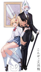 Rule 34 | 1girl, 1other, absurdres, animal ears, belt, black belt, black footwear, black jacket, black necktie, black pants, blonde hair, blue skirt, blush, chinese commentary, collared shirt, commentary request, duzizai, facing viewer, formal, full body, furry, gloves, green eyes, hair ornament, hand up, high ponytail, highres, holding, jacket, loafers, long hair, long sleeves, looking ahead, looking at viewer, neck ribbon, necktie, one eye closed, open mouth, original, pants, picture frame, pleated skirt, red ribbon, reflection, ribbon, school uniform, shirt, shirt tucked in, shoes, simple background, sitting, skirt, smile, socks, standing, suit, tail, teeth, upper teeth only, white background, white gloves, white shirt, white socks