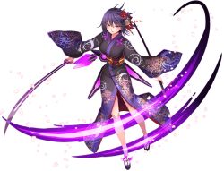 Rule 34 | 1girl, black kimono, closed mouth, floating hair, floral print, flower, front slit, full body, game cg, hair flower, hair ornament, hairpin, holding, holding sheath, holding sword, holding weapon, japanese clothes, kimono, long sleeves, looking at viewer, official art, print kimono, purple eyes, purple hair, red flower, red lips, sheath, short hair, solo, sora no kanata no dystopia x shitei, standing, sword, tabi, transparent background, unsheathed, weapon, white legwear, wide sleeves, yukata
