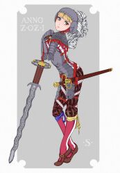 Rule 34 | 1girl, absurdres, armor, ays 7, blonde hair, breastplate, brown eyes, chainmail, commentary, english commentary, flammenschwert, full body, gauntlets, grey background, hands on hilt, highres, knight, landsknecht, original, planted, planted sword, planted weapon, plume, renaissance, renaissance clothes, sheath, sheathed, solo, standing, sword, tiptoes, two-tone background, weapon, white background