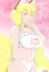 Rule 34 | 1girl, alternate eye color, animal ears, arm behind back, arm up, bell, blonde hair, bra, breasts, brown eyes, cat lingerie, cleavage cutout, clothing cutout, collar, cowboy shot, embarrassed, floral background, fox ears, fox tail, frilled bra, frills, highres, jingle bell, large breasts, lips, looking down, looking to the side, meme attire, multiple tails, navel, neck bell, outline, panties, pink background, shiny clothes, short hair, side-tie panties, smile, solo, stomach, string panties, sweatdrop, tail, thighs, touhou, underwear, underwear only, yakumo ran, yellow eyes, yukaran nosuke