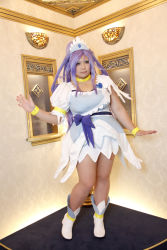 Rule 34 | 1girl, ankle boots, arms up, asian, blue eyes, blue hair, boots, bow, bracelet, breasts, choker, chouzuki maryou, cosplay, cure diamond (cosplay), dokidoki! precure, dress, headpiece, highres, jewelry, large breasts, long hair, magical girl, matching hair/eyes, photo (medium), plump, ponytail, precure, puffy short sleeves, puffy sleeves, ribbon, short sleeves, solo, tiara