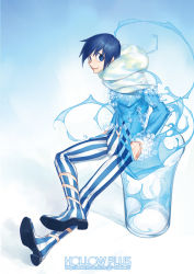 Rule 34 | 1boy, bad id, bad pixiv id, blue eyes, blue hair, boots, glass, ice, kaito (vocaloid), kazeto, male focus, matching hair/eyes, pantyhose, scarf, smile, solo, striped clothes, striped legwear, striped pantyhose, vertical-striped clothes, vertical-striped legwear, vertical-striped pantyhose, vocaloid