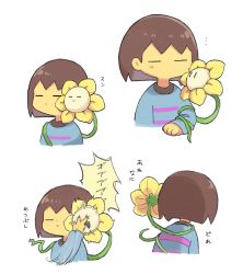 Rule 34 | ..., 1boy, 1other, = =, androgynous, blue sweater, brown hair, colored skin, eye poke, closed eyes, flower, flowey (undertale), frisk (undertale), from behind, long sleeves, multiple views, poking, sasa kichi, short hair, simple background, sweater, undertale, upper body, white background, yellow skin