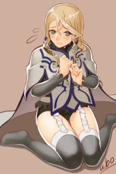 Rule 34 | 10s, 1girl, alisha diphda, artist name, black thighhighs, blush, borrowed clothes, brown hair, commentary request, flying sweatdrops, garter straps, hair down, sitting, solo, tales of (series), tales of zestiria, thigh gap, thighhighs, ubo (ubo tales), wariza