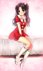 Rule 34 | 1girl, blue eyes, boots, brown hair, christmas, dress, fate/stay night, fate (series), hair bobbles, hair ornament, high heels, knee boots, long hair, long legs, nfr, santa costume, shoes, short dress, smile, solo, tohsaka rin, two side up
