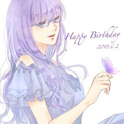 Rule 34 | 1girl, alternate costume, bare shoulders, birthday, blue-framed eyewear, blue dress, blue eyes, blush, breasts, bug, butterfly, butterfly on hand, commentary request, dated, dress, frilled sleeves, frills, gintama, glasses, insect, kotoha (user anzh3572), long hair, purple hair, sarutobi ayame, short sleeves, signature, simple background, smile, solo, white background