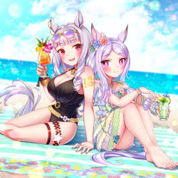 Rule 34 | 2girls, :d, animal ears, bare shoulders, barefoot, black one-piece swimsuit, blunt bangs, breasts, casual one-piece swimsuit, cleavage, cup, drinking glass, ear flower, eyewear on head, gold ship (run revolt launcher) (umamusume), gold ship (umamusume), grey hair, highres, holding, holding cup, horse ears, horse girl, horse tail, large breasts, long hair, looking at viewer, mejiro mcqueen (ripple fairlady) (umamusume), mejiro mcqueen (umamusume), multiple girls, official alternate costume, one-piece swimsuit, open mouth, purple eyes, purple hair, small breasts, smile, sugimotty nova, sunglasses, swept bangs, swimsuit, tail, tracen swimsuit, umamusume
