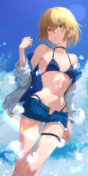 Rule 34 | 1girl, bare legs, bikini, bikini under clothes, blonde hair, blue bikini, blue collar, blue sky, breasts, buckle, cleavage, cloud, collar, collarbone, commentary request, day, groin, hair between eyes, highres, kuthird346, looking at viewer, navel, open clothes, open fly, open shorts, original, outdoors, parted lips, partial commentary, short hair, short shorts, shorts, sky, small breasts, solo, standing, swimsuit, thigh gap, thigh strap, underboob, yellow eyes