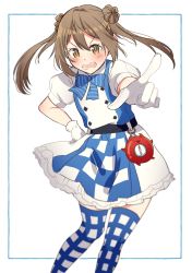 Rule 34 | &gt;:o, 1girl, blue dress, blue legwear, blush, bow, bowtie, brown eyes, brown hair, checkered clothes, checkered dress, checkered legwear, double bun, dress, gloves, highres, kantai collection, looking at viewer, michishio (kancolle), pointing, pointing at viewer, short twintails, solo, tanaka io (craftstudio), twintails, white gloves