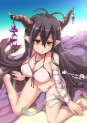 Rule 34 | 10s, 1girl, bandages, bikini, black hair, blush, breasts, cleavage, crystal, danua, draph, female focus, gradient background, granblue fantasy, horn ornament, horns, large breasts, long hair, looking at viewer, pointy ears, red eyes, satomura kyou, sitting, solo, swimsuit, wariza