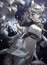 Rule 34 | 1girl, absurdres, animal ear fluff, animal ears, arknights, bell, belt, belt pouch, black cape, braid, breasts, bright pupils, brown eyes, cape, circlet, dark background, dress, female focus, geta (epicure no12), grey hair, grey thighhighs, highres, holding, holding bell, jewelry, leopard ears, leopard girl, leopard tail, light particles, long hair, long sleeves, looking at viewer, medium breasts, necklace, parted lips, pelvic curtain, pouch, pramanix (arknights), solo, tail, thighhighs, turtleneck, turtleneck dress, twin braids, very long hair, white dress, wide sleeves