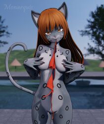 Rule 34 | 1girl, 3d, absurdres, artist name, breasts, cat, commentary, english commentary, furry, furry female, highres, leopard, leopard girl, medium breasts, momo (monarquis), monarquis, non-web source, nude, original, outdoors, pool, self-upload, snow leopard, solo, watermark
