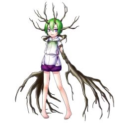 Rule 34 | 1girl, akira (meltyhip), barefoot, closed mouth, full body, green hair, highres, horns, looking at viewer, monster girl, original, oversized forearms, oversized limbs, plant girl, purple eyes, purple shorts, short hair, shorts, solo, transparent background