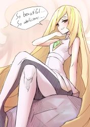 Rule 34 | 1girl, bare arms, bare shoulders, blonde hair, blunt bangs, blush, brown eyes, commentary request, creatures (company), crossed legs, dress, english text, game freak, hair over one eye, long hair, looking at viewer, lusamine (pokemon), nintendo, pantyhose, pokemon, pokemon sm, revision, short dress, sitting, sleeveless, sleeveless dress, smile, solo, very long hair, waero, white pantyhose