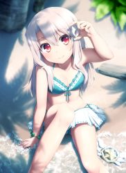 Rule 34 | 1girl, beach, bikini, bikini skirt, blue bikini, blurry, blush, bracelet, commentary request, conch, day, fate/kaleid liner prisma illya, fate (series), from above, front-tie top, goribote, hair between eyes, holding, illyasviel von einzbern, jewelry, kaleidostick, long hair, magical ruby, navel, ocean, official alternate costume, outdoors, red eyes, sand, seashell, shade, shell, sitting, solo, swimsuit, tree, wand, water, white hair