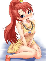 Rule 34 | 1girl, blue eyes, breasts, dress, kozeri ai, live on cardliver kakeru, mokkosss, nippleless clothes, nipples, ponytail, puffy nipples, red hair, sitting, solo, tagme, tongue, tongue out, torn clothes, yellow dress