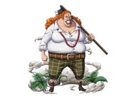 Rule 34 | 1girl, axe, belt, bodskih, boots, breasts, cigarette, cleavage, curly dadan, curly hair, earrings, fat, full body, jewelry, leaf, long hair, necklace, official art, one piece, one piece treasure cruise, orange hair, solo, teeth, transparent background