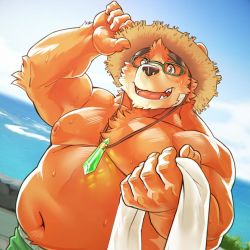 Rule 34 | 1boy, animal ears, animal nose, bandaid, bandaid on face, bara, bear boy, bear ears, belly, brown fur, fang, fang out, furry, furry male, glasses, green pants, hat, holding, holding clothes, holding hat, holding towel, jewelry, large pectorals, looking at viewer, male focus, muscular, muscular male, navel, necklace, nipples, okusu (oaks16), open mouth, pants, pectorals, simple background, smile, snout, solo, straw hat, sweat, thick eyebrows, tokyo houkago summoners, towel, upper body, volos (housamo), yellow eyes