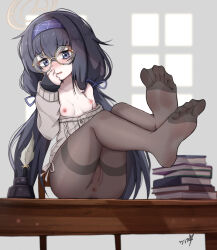 Rule 34 | 1girl, absurdres, anus, bags under eyes, black hair, black pantyhose, blue archive, blue eyes, blue hairband, blue ribbon, blush, book, book stack, boppin, breasts, cardigan, cleft of venus, collarbone, commentary, desk, feet, foot focus, glasses, grey cardigan, hair ribbon, hairband, halo, highres, legs, legs up, long hair, long sleeves, low twintails, nipples, no bra, no panties, no pants, no shoes, nose blush, on desk, pantyhose, parted lips, pussy, ribbon, round eyewear, see-through, sitting, on desk, sleeves past wrists, small breasts, soles, solo, thighband pantyhose, toes, twintails, ui (blue archive), yellow halo