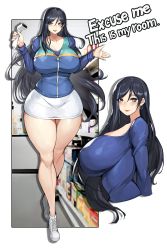Rule 34 | absurdres, black hair, blush, breasts, cleavage, commission, convenience store, earrings, english text, facing viewer, full body, gurimjang, highres, hoop earrings, huge breasts, jewelry, long hair, looking at viewer, multiple views, original, pixiv commission, profile, shirt, shoes, shop, smile, sneakers, standing, thighs, white footwear, white shirt, wide hips