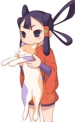 Rule 34 | 1girl, animal, black eyes, black hair, blush, cat, commentary request, feet out of frame, hair rings, hair tubes, highres, holding, holding animal, holding cat, japanese clothes, kimono, long hair, red kimono, sakuna-hime, shorts, simple background, smile, tensui no sakuna-hime, tobio (honya), white background
