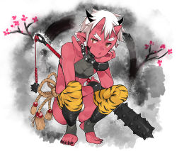 Rule 34 | 1boy, animal print, blush, brown eyes, bulge, club, club (weapon), coin rand, collar, colored skin, eyebrows, flail, full body, horns, kanabou, leopard print, male focus, monster boy, morning star, oni, original, pointy ears, red oni, red skin, solo, spiked club, spiked collar, spikes, thighhighs, toeless legwear, toes, weapon, white hair