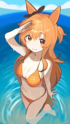 Rule 34 | 1girl, absurdres, animal ears, arm at side, arm up, ashinowoto, bare shoulders, bikini, blush, breasts, cleavage, closed mouth, commentary request, highres, horse ears, horse girl, horse tail, mayano top gun (umamusume), medium breasts, navel, orange bikini, orange eyes, orange hair, outdoors, shading eyes, sketch, smile, solo, standing, standing on one leg, swimsuit, tail, two side up, umamusume, wading, water, wet, wet hair