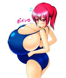 Rule 34 | 1girl, ass, blue one-piece swimsuit, blush, breasts, covered erect nipples, female focus, gigantic breasts, kazuu (pixiv), looking at viewer, one-piece swimsuit, ponytail, pregnant, red eyes, red hair, shiny skin, simple background, solo, swimsuit, white background