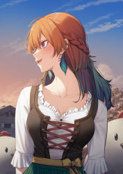 Rule 34 | 1girl, absurdres, alternate costume, alternate hairstyle, bird, blouse, bodice, bow, braid, breasts, chicken, collarbone, dirndl, erezu, evening, french braid, german clothes, gradient hair, green hair, green skirt, highres, hololive, hololive english, large breasts, long hair, long sleeves, looking to the side, multicolored hair, orange hair, outdoors, purple eyes, sash, shirt, skirt, smile, solo, takanashi kiara, virtual youtuber, white shirt, yellow bow