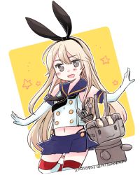 Rule 34 | 1girl, anchor hair ornament, black hairband, black neckerchief, black panties, blonde hair, blue sailor collar, blue skirt, commentary request, cowboy shot, crop top, dated, elbow gloves, gloves, grey eyes, hair ornament, hairband, highleg, highleg panties, izumiyamisono, kantai collection, long hair, looking at viewer, microskirt, miniskirt, neckerchief, panties, pleated skirt, rensouhou-chan, sailor bikini, sailor collar, shimakaze (kancolle), skirt, striped clothes, striped thighhighs, thighhighs, twitter username, two-tone background, underwear, white gloves