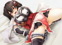 Rule 34 | 10s, 1girl, black hair, blush, breasts, brown eyes, female focus, gloves, hair ornament, hitokakeratsu, kantai collection, large breasts, looking at viewer, lying, on back, open mouth, scarf, school uniform, sendai (kancolle), sendai kai ni (kancolle), serafuku, short hair, solo, spread legs, two side up