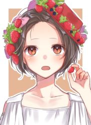 Rule 34 | 1girl, blush, boater hat, brown eyes, brown hair, close-up, collarbone, dress, food, forehead, fruit, hami yura, hat, highres, holding, holding food, looking at viewer, open mouth, original, portrait, red hat, short hair, solo, strawberry, upper body, white dress