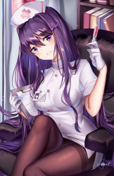 Rule 34 | 1girl, artist name, bad anatomy, blush, book, bookshelf, breasts, brown pantyhose, clipboard, commentary, doki doki literature club, dress, feet out of frame, hair between eyes, hair intakes, hair ornament, hairclip, hands up, hat, highres, holding, holding syringe, indoors, knee up, long hair, looking at viewer, medium breasts, name tag, nurse, nurse cap, on chair, panties, pantyhose, pantyshot, parted lips, puffy short sleeves, puffy sleeves, purple eyes, purple hair, short sleeves, sitting, smile, solo, squchan, syringe, thighband pantyhose, underwear, very long hair, white dress, white hat, yuri (doki doki literature club)