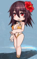 Rule 34 | 1girl, alternate costume, animated, animated gif, bare legs, bare shoulders, bouncing breasts, breasts, brown hair, chibi, cleavage, flower, flower on head, large breasts, lilith-soft, lips, lowres, mizuki shiranui, navel, official alternate costume, one-piece swimsuit, one eye closed, red eyes, short hair, slingshot swimsuit, solo, standing, swimsuit, taimanin (series), taimanin rpgx, taimanin yukikaze, wink, yellow one-piece swimsuit