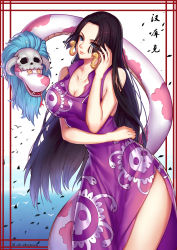 Rule 34 | 1girl, absurdres, animal, bare arms, bare shoulders, black hair, blue eyes, boa hancock, breasts, china dress, chinese clothes, cleavage, dress, earrings, head tilt, highres, jewelry, large breasts, lips, long hair, one piece, purple dress, salome (one piece), snake, snake earrings, wide hips, wwwwen