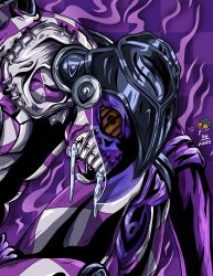 Rule 34 | absurdres, armor, checkered background, clenched teeth, colored sclera, commentary, drooling, dsl (chrono23), helmet, highres, jojo no kimyou na bouken, looking at viewer, no humans, purple background, purple haze (stand), stitched mouth, stitches, teeth, vento aureo, yellow sclera