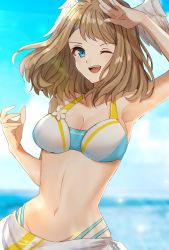 Rule 34 | 1girl, bikini, blue eyes, breast tattoo, breasts, brown hair, cleavage, edamameoka, eunie (xenoblade), head wings, highres, large breasts, long hair, looking at viewer, medium hair, one eye closed, open clothes, smile, solo, swimsuit, tattoo, wate, white wings, wings, xenoblade chronicles (series), xenoblade chronicles 3