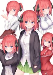 Rule 34 | 1girl, absurdres, arms under breasts, black cardigan, black ribbon, blowing kiss, blue eyes, blue ribbon, blunt bangs, blush, breasts, butterfly hair ornament, cardigan, collared shirt, commentary request, crossed arms, eyebrows hidden by hair, go-toubun no hanayome, green skirt, grin, gym uniform, hair ornament, hair ribbon, heart, highres, jacket, large breasts, looking at viewer, nakano nino, neck ribbon, one eye closed, open cardigan, open clothes, open mouth, pants, pink hair, pleated skirt, red jacket, red pants, red track suit, ribbon, school uniform, shirt, short hair, short ponytail, simple background, skirt, smile, solo, track jacket, white background, white shirt, yuunamida uyu