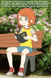 Rule 34 | 1girl, bench, bible (object), bible verse, black cat03, blue shorts, book, bush, closed mouth, daughter (yoru mac), english text, flower, green eyes, highres, holding, holding book, looking at viewer, mcdonald&#039;s, photo background, red footwear, shirt, short hair, shorts, sitting, smile, solo, yellow shirt, yoru mac