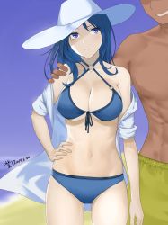Rule 34 | &gt;:(, 1boy, 1girl, arm at side, bare shoulders, bikini, blouse, blue bikini, blue eyes, blue hair, blue ribbon, blue sky, breasts, caitlyn (league of legends), cleavage, closed eyes, commentary request, cowboy shot, dark-skinned female, dark-skinned male, dark skin, dated, day, faceless, faceless male, front-tie bikini top, front-tie top, hand on another&#039;s shoulder, hand on own hip, hat, large breasts, league of legends, long hair, looking at viewer, male swimwear, mr yah, navel, off shoulder, open clothes, open shirt, outdoors, pool party caitlyn, ribbon, shirt, short sleeves, signature, sky, solo focus, stomach, sun hat, swim trunks, swimsuit, topless male, v-shaped eyebrows, white headwear, white shirt, yellow male swimwear, yellow swim trunks
