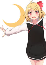 Rule 34 | 1girl, ahoge, alternate costume, black hoodie, blonde hair, blush, bright pupils, cowboy shot, crescent, drawstring, hair ribbon, highres, hood, hood down, hoodie, long sleeves, looking at viewer, mizune (winter), open mouth, outstretched arms, red eyes, ribbon, rumia, short hair, simple background, solo, spread arms, standing, teeth, touhou, upper teeth only, white background, white pupils